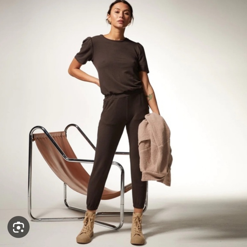 Monrow Cocoa Jumpsuit Super Soft Sweater Puff Sleeves Pockets